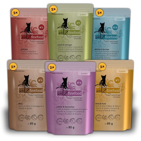 catz finefood Classic Collection Mix Pack Wet Cat Food - Delicatessen Wet Food for Your Cat without Grain and Sugar with High Meat Content, 24 x 85 g Bags catz finefood Classic Collection Mix Pack Wet Cat Food - Delicatessen Wet Food for Your Cat without Grain and Sugar with High Meat Content, 24 x 85 g Bags