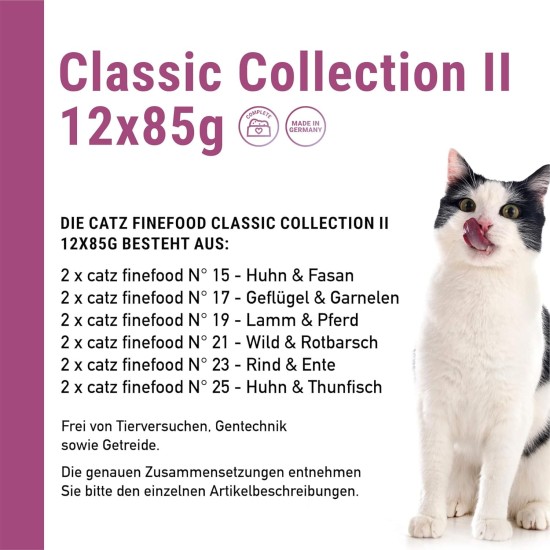 catz finefood Classic Collection Mix Pack Wet Cat Food - Delicatessen Wet Food for Your Cat without Grain and Sugar with High Meat Content, 24 x 85 g Bags catz finefood Classic Collection Mix Pack Wet Cat Food - Delicatessen Wet Food for Your Cat without Grain and Sugar with High Meat Content, 24 x 85 g Bags