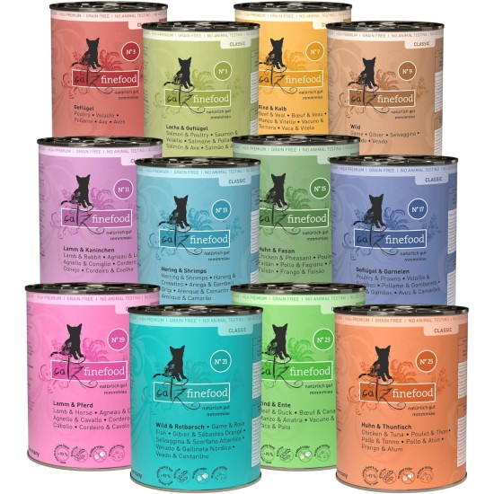 catz finefood Classic Collection Wet Cat Food, XXL Mix Pack, Gourmet Wet Food for Your Cat without Sugar and Grains, Gluten-Free, with High Meat Content, Made in Germany (12 x 400 g Cans) catz finefood Classic Collection Wet Cat Food, XXL Mix Pack, Gourmet Wet Food for Your Cat without Sugar and Grains, Gluten-Free, with High Meat Content, Made in Germany (12 x 400 g Cans)