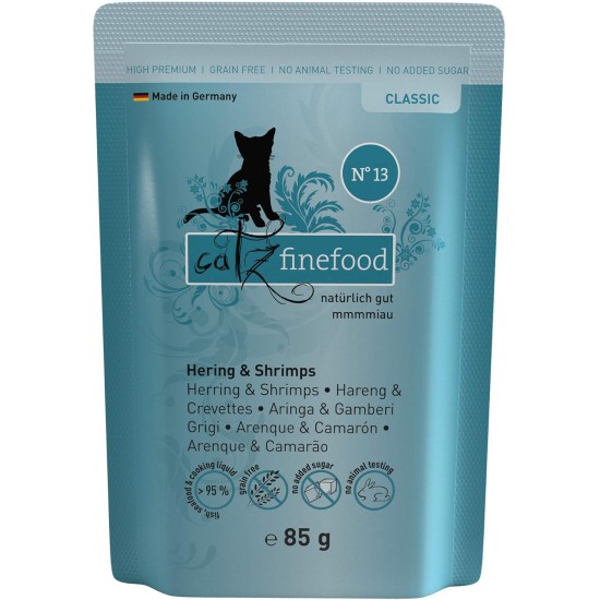 catz finefood N° 13 Herring & Shrimps Feinkost Wet Cat Food, Refined with Pumpkin & Aloe Vera, 16 x 85 g Bags catz finefood N° 13 Herring & Shrimps Feinkost Wet Cat Food, Refined with Pumpkin & Aloe Vera, 16 x 85 g Bags