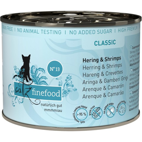 catz finefood N° 13 Herring & Shrimps Feinkost Wet Cat Food, Refined with Pumpkin & Aloe Vera, 16 x 85 g Bags catz finefood N° 13 Herring & Shrimps Feinkost Wet Cat Food, Refined with Pumpkin & Aloe Vera, 16 x 85 g Bags