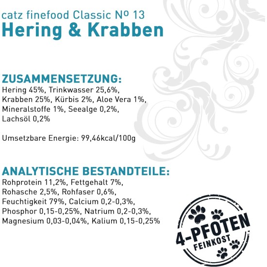 catz finefood N° 13 Herring & Shrimps Feinkost Wet Cat Food, Refined with Pumpkin & Aloe Vera, 16 x 85 g Bags catz finefood N° 13 Herring & Shrimps Feinkost Wet Cat Food, Refined with Pumpkin & Aloe Vera, 16 x 85 g Bags