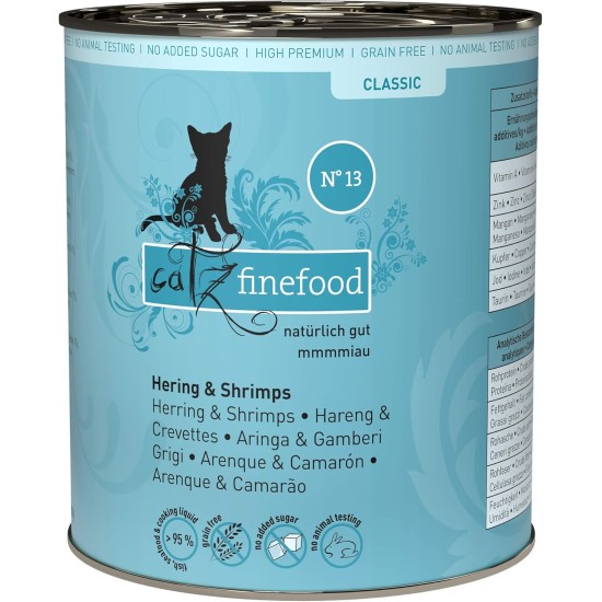 catz finefood N° 13 Herring & Shrimps Feinkost Wet Cat Food, Refined with Pumpkin & Aloe Vera, 16 x 85 g Bags catz finefood N° 13 Herring & Shrimps Feinkost Wet Cat Food, Refined with Pumpkin & Aloe Vera, 16 x 85 g Bags