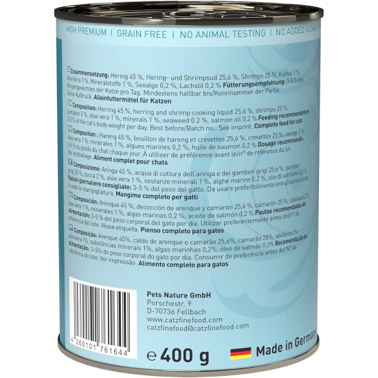 catz finefood N° 13 Herring & Shrimps Feinkost Wet Cat Food, Refined with Pumpkin & Aloe Vera, 6 x 400 g Tins catz finefood N° 13 Herring & Shrimps Feinkost Wet Cat Food, Refined with Pumpkin & Aloe Vera, 6 x 400 g Tins