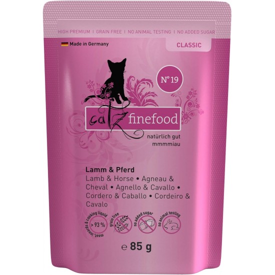 catz finefood N° 19 Lamb & Horse Delicatessen Wet Cat Food, Refined with Zucchini & Tomato, 16 x 85 g Bags catz finefood N° 19 Lamb & Horse Delicatessen Wet Cat Food, Refined with Zucchini & Tomato, 16 x 85 g Bags
