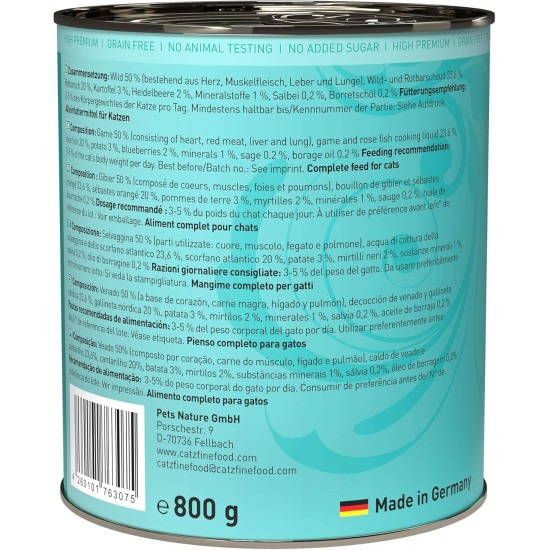 catz finefood N° 21 Wild & Redfish Feinkost Wet Cat Food, Refined with Potato and Blueberry, 6 x 800 g Tins catz finefood N° 21 Wild & Redfish Feinkost Wet Cat Food, Refined with Potato and Blueberry, 6 x 800 g Tins