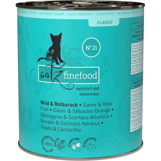 catz finefood N° 21 Wild & Redfish Feinkost Wet Cat Food, Refined with Potato and Blueberry, 6 x 800 g Tins catz finefood N° 21 Wild & Redfish Feinkost Wet Cat Food, Refined with Potato and Blueberry, 6 x 800 g Tins