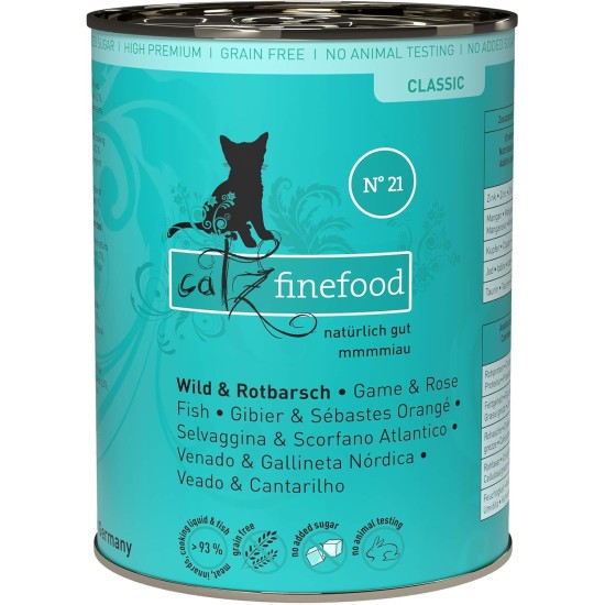 catz finefood N° 21 Wild & Redfish Feinkost Wet Cat Food, Refined with Potato and Blueberry, 6 x 800 g Tins catz finefood N° 21 Wild & Redfish Feinkost Wet Cat Food, Refined with Potato and Blueberry, 6 x 800 g Tins