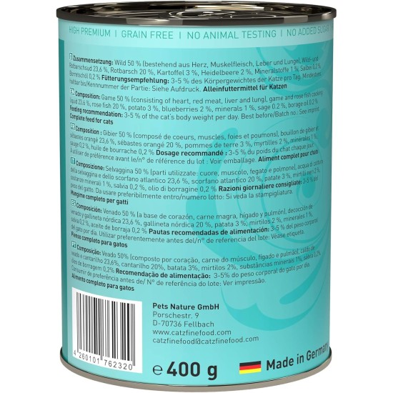 catz finefood N° 21 Wild & Redfish Feinkost Wet Cat Food, Refined with Potato and Blueberry, 6 x 800 g Tins catz finefood N° 21 Wild & Redfish Feinkost Wet Cat Food, Refined with Potato and Blueberry, 6 x 800 g Tins