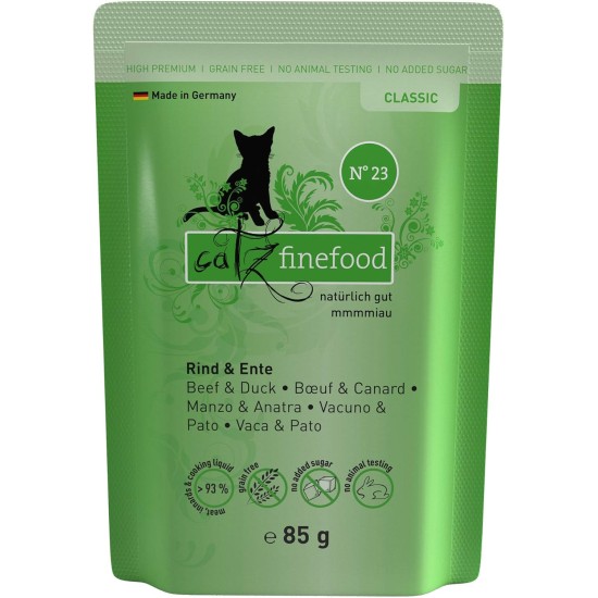 catz finefood N° 23 Beef & Duck Delicatessen Wet Cat Food, Refined with Cranberry & Aloe Vera, 16 x 85 g Bags catz finefood N° 23 Beef & Duck Delicatessen Wet Cat Food, Refined with Cranberry & Aloe Vera, 16 x 85 g Bags