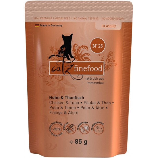 catz finefood N° 25 Chicken & Tuna Delicatessen Wet Cat Food, Refined with Pumpkin and Rosehip, 16 x 85 g Bags catz finefood N° 25 Chicken & Tuna Delicatessen Wet Cat Food, Refined with Pumpkin and Rosehip, 16 x 85 g Bags