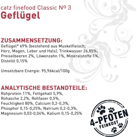 catz finefood N° 3 Poultry Delicatessen Wet Cat Food, Refined with Cranberries and Dandelions, 8 x 85 g Bags catz finefood N° 3 Poultry Delicatessen Wet Cat Food, Refined with Cranberries and Dandelions, 8 x 85 g Bags