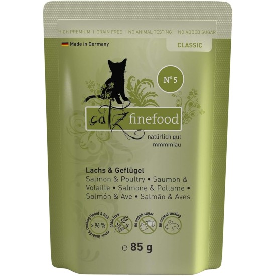 catz finefood N° 5 Salmon & Poultry Delicatessen Wet Cat Food, Refined with Spinach & Tomato, 6 x 800 g Tins catz finefood N° 5 Salmon & Poultry Delicatessen Wet Cat Food, Refined with Spinach & Tomato, 6 x 800 g Tins