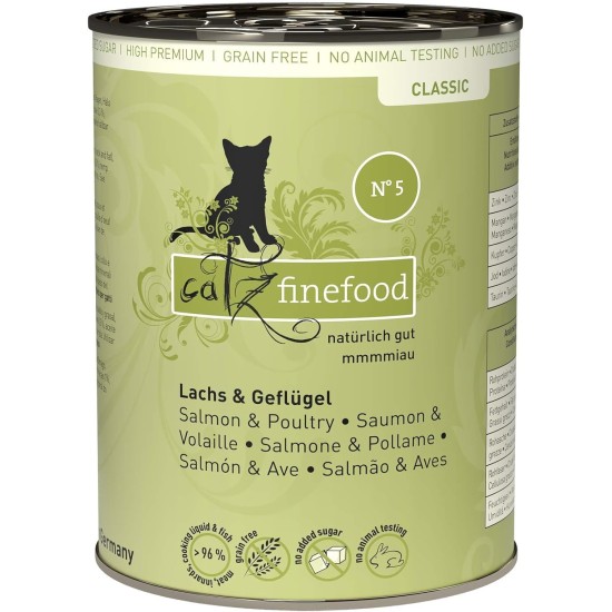 catz finefood N° 5 Salmon & Poultry Delicatessen Wet Cat Food, Refined with Spinach & Tomato, 6 x 800 g Tins catz finefood N° 5 Salmon & Poultry Delicatessen Wet Cat Food, Refined with Spinach & Tomato, 6 x 800 g Tins