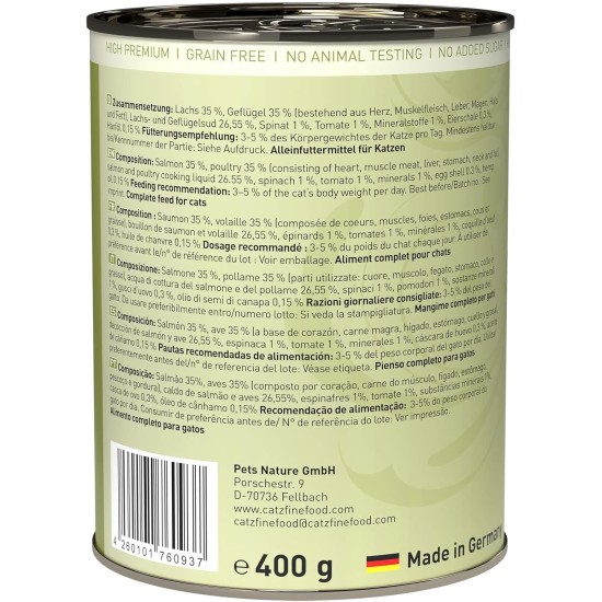 catz finefood N° 5 Salmon & Poultry Delicatessen Wet Cat Food, Refined with Spinach & Tomato, 6 x 800 g Tins catz finefood N° 5 Salmon & Poultry Delicatessen Wet Cat Food, Refined with Spinach & Tomato, 6 x 800 g Tins