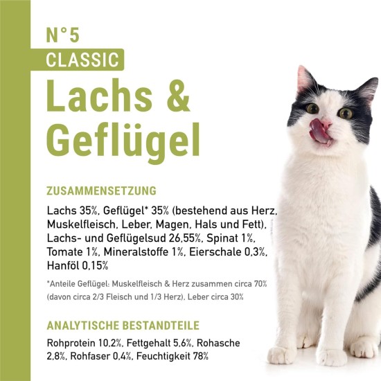 catz finefood N° 5 Salmon & Poultry Delicatessen Wet Cat Food, Refined with Spinach & Tomato, 6 x 800 g Tins catz finefood N° 5 Salmon & Poultry Delicatessen Wet Cat Food, Refined with Spinach & Tomato, 6 x 800 g Tins