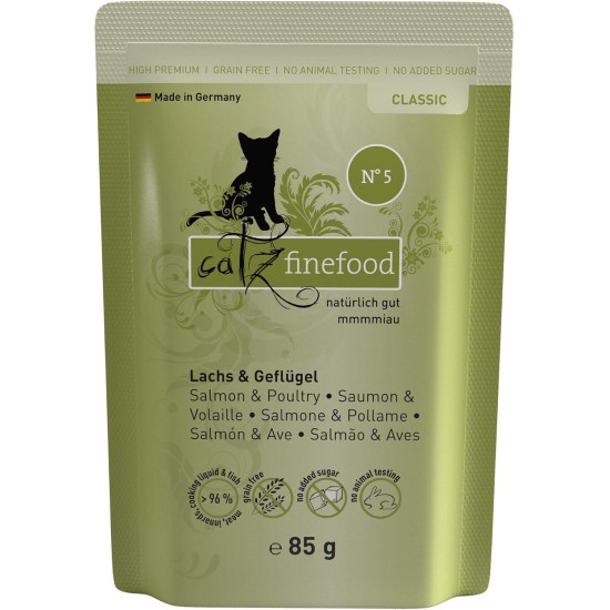 catz finefood N° 5 Salmon & Poultry Delicatessen Wet Cat Food, Refined with Spinach & Tomato, 6 x 800 g Tins catz finefood N° 5 Salmon & Poultry Delicatessen Wet Cat Food, Refined with Spinach & Tomato, 6 x 800 g Tins