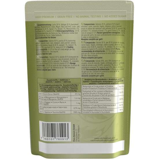 catz finefood N° 5 Salmon & Poultry Delicatessen Wet Cat Food, Refined with Spinach & Tomato, 6 x 800 g Tins catz finefood N° 5 Salmon & Poultry Delicatessen Wet Cat Food, Refined with Spinach & Tomato, 6 x 800 g Tins