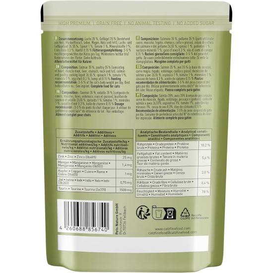 catz finefood N° 5 Salmon & Poultry Delicatessen Wet Cat Food, Refined with Spinach & Tomato, 6 x 800 g Tins catz finefood N° 5 Salmon & Poultry Delicatessen Wet Cat Food, Refined with Spinach & Tomato, 6 x 800 g Tins