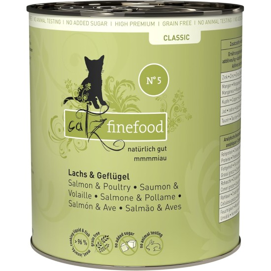 catz finefood N° 5 Salmon & Poultry Delicatessen Wet Cat Food, Refined with Spinach & Tomato, 6 x 800 g Tins catz finefood N° 5 Salmon & Poultry Delicatessen Wet Cat Food, Refined with Spinach & Tomato, 6 x 800 g Tins