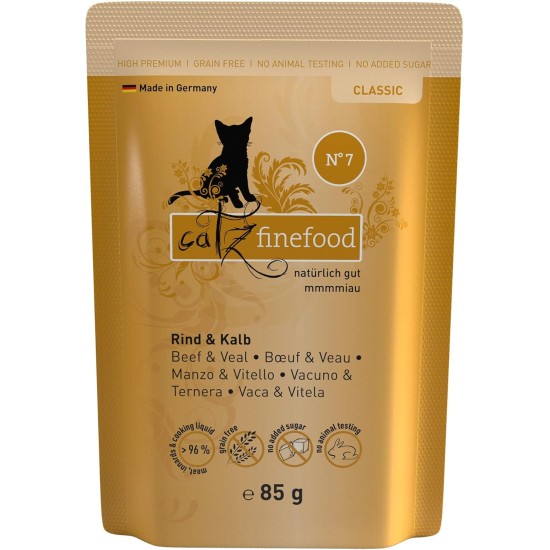 catz finefood N° 7 Beef & Veal Delicatessen Wet Cat Food, Refined with Apricot & Pineapple, 16 x 85 g Bags catz finefood N° 7 Beef & Veal Delicatessen Wet Cat Food, Refined with Apricot & Pineapple, 16 x 85 g Bags