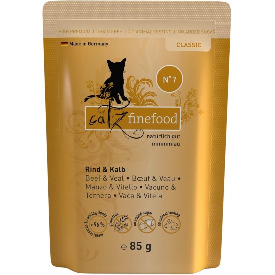catz finefood N° 7 Beef & Veal Delicatessen Wet Cat Food, Refined with Apricot & Pineapple, 16 x 85 g Bags catz finefood N° 7 Beef & Veal Delicatessen Wet Cat Food, Refined with Apricot & Pineapple, 16 x 85 g Bags