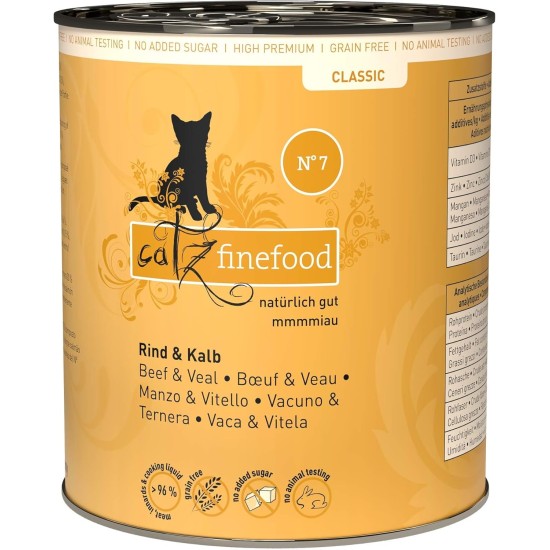 catz finefood N° 7 Beef & Veal Delicatessen Wet Cat Food, Refined with Apricot & Pineapple, 6 x 800 g Tins catz finefood N° 7 Beef & Veal Delicatessen Wet Cat Food, Refined with Apricot & Pineapple, 6 x 800 g Tins