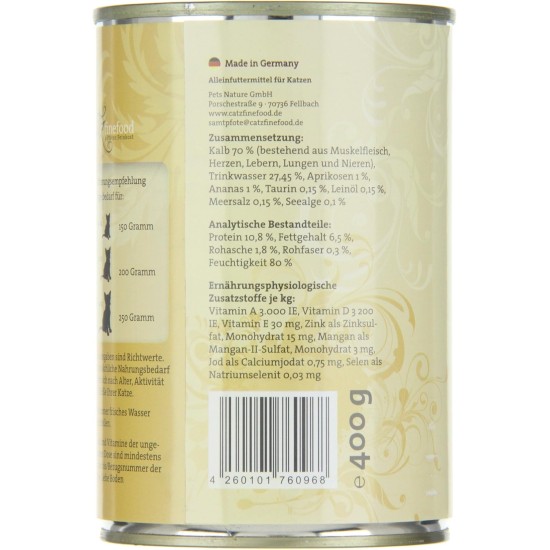 catz finefood N° 7 Beef & Veal Delicatessen Wet Cat Food, Refined with Apricot & Pineapple, 6 x 800 g Tins catz finefood N° 7 Beef & Veal Delicatessen Wet Cat Food, Refined with Apricot & Pineapple, 6 x 800 g Tins