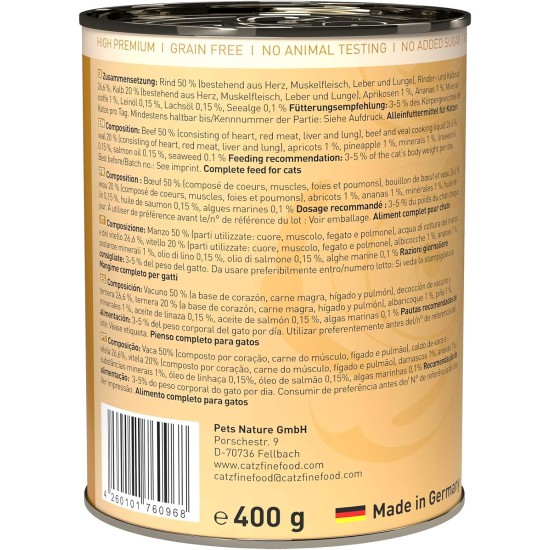 catz finefood N° 7 Beef & Veal Delicatessen Wet Cat Food, Refined with Apricot & Pineapple, 6 x 800 g Tins catz finefood N° 7 Beef & Veal Delicatessen Wet Cat Food, Refined with Apricot & Pineapple, 6 x 800 g Tins