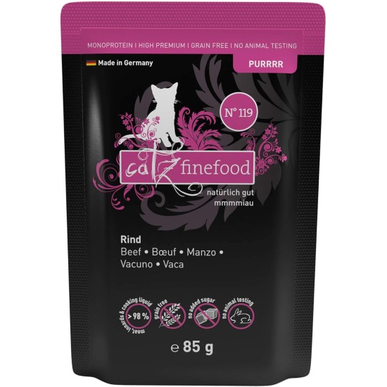 catz finefood Purrrr Beef Monoprotein Wet Cat Food N° 119, for Nutrition-Sensitive Cats, 70% Meat Content, 16 x 85 g Bags catz finefood Purrrr Beef Monoprotein Wet Cat Food N° 119, for Nutrition-Sensitive Cats, 70% Meat Content, 16 x 85 g Bags