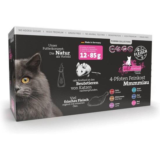 catz finefood Purrrr Collection I - Monoprotein Wet Cat Food - Grain-Free, Sugar-Free, Hypoallergenic - High Meat Content - Multipack Wet Food for Cats - in Bag, 85 g (Pack of 12) catz finefood Purrrr Collection I - Monoprotein Wet Cat Food - Grain-Free, Sugar-Free, Hypoallergenic - High Meat Content - Multipack Wet Food for Cats - in Bag, 85 g (Pack of 12)