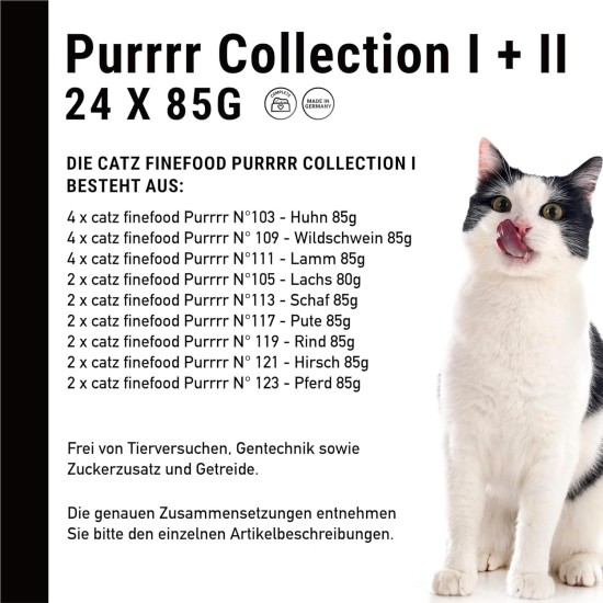 catz finefood Purrrr Collection I - Monoprotein Wet Cat Food - Grain-Free, Sugar-Free, Hypoallergenic - High Meat Content - Multipack Wet Food for Cats - in Bag, 85 g (Pack of 12) catz finefood Purrrr Collection I - Monoprotein Wet Cat Food - Grain-Free, Sugar-Free, Hypoallergenic - High Meat Content - Multipack Wet Food for Cats - in Bag, 85 g (Pack of 12)