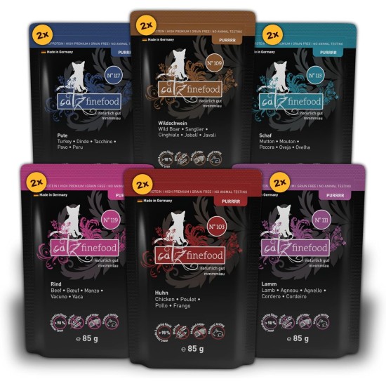 catz finefood Purrrr Collection I - Monoprotein Wet Cat Food - Grain-Free, Sugar-Free, Hypoallergenic - High Meat Content - Multipack Wet Food for Cats - in Bag, 85 g (Pack of 12) catz finefood Purrrr Collection I - Monoprotein Wet Cat Food - Grain-Free, Sugar-Free, Hypoallergenic - High Meat Content - Multipack Wet Food for Cats - in Bag, 85 g (Pack of 12)