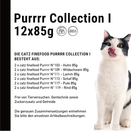 catz finefood Purrrr Collection I - Monoprotein Wet Cat Food - Grain-Free, Sugar-Free, Hypoallergenic - High Meat Content - Multipack Wet Food for Cats - in Bag, 85 g (Pack of 12) catz finefood Purrrr Collection I - Monoprotein Wet Cat Food - Grain-Free, Sugar-Free, Hypoallergenic - High Meat Content - Multipack Wet Food for Cats - in Bag, 85 g (Pack of 12)