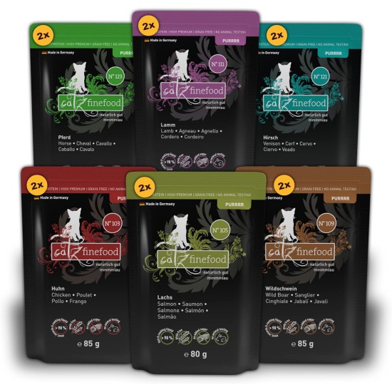 catz finefood Purrrr Collection I - Monoprotein Wet Cat Food - Grain-Free, Sugar-Free, Hypoallergenic - High Meat Content - Multipack Wet Food for Cats - in Bag, 85 g (Pack of 12) catz finefood Purrrr Collection I - Monoprotein Wet Cat Food - Grain-Free, Sugar-Free, Hypoallergenic - High Meat Content - Multipack Wet Food for Cats - in Bag, 85 g (Pack of 12)
