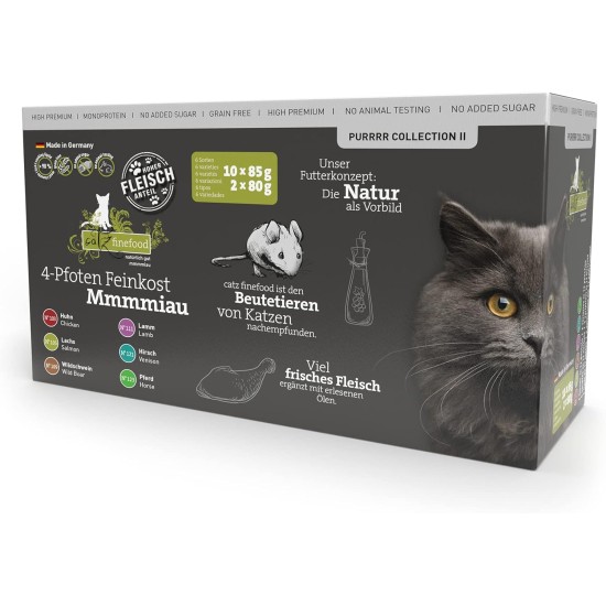 catz finefood Purrrr Collection I - Monoprotein Wet Cat Food - Grain-Free, Sugar-Free, Hypoallergenic - High Meat Content - Multipack Wet Food for Cats - in Bag, 85 g (Pack of 12) catz finefood Purrrr Collection I - Monoprotein Wet Cat Food - Grain-Free, Sugar-Free, Hypoallergenic - High Meat Content - Multipack Wet Food for Cats - in Bag, 85 g (Pack of 12)