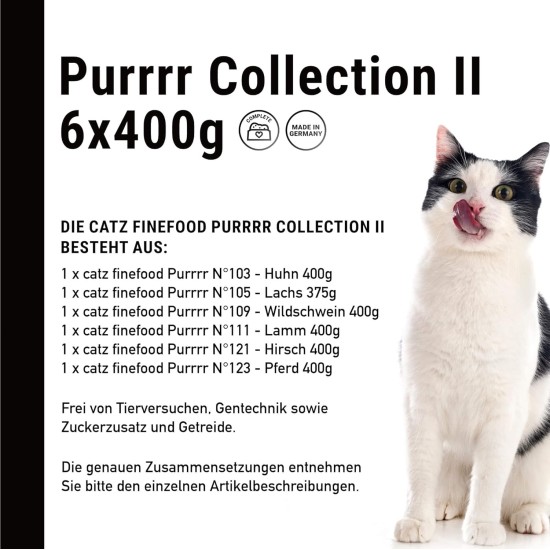 catz finefood Purrrr Collection I - Monoprotein Wet Cat Food - Grain-Free, Sugar-Free, Hypoallergenic - High Meat Content - Multipack Wet Food for Cats - in Bag, 85 g (Pack of 12) catz finefood Purrrr Collection I - Monoprotein Wet Cat Food - Grain-Free, Sugar-Free, Hypoallergenic - High Meat Content - Multipack Wet Food for Cats - in Bag, 85 g (Pack of 12)