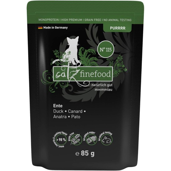 catz finefood Purrrr Duck Monoprotein Wet Cat Food N° 115, for Nutrition-Sensitive Cats, 70% Meat Content, 16 x 85 g Bags catz finefood Purrrr Duck Monoprotein Wet Cat Food N° 115, for Nutrition-Sensitive Cats, 70% Meat Content, 16 x 85 g Bags