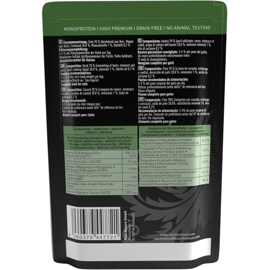 catz finefood Purrrr Duck Monoprotein Wet Cat Food N° 115, for Nutrition-Sensitive Cats, 70% Meat Content, 16 x 85 g Bags catz finefood Purrrr Duck Monoprotein Wet Cat Food N° 115, for Nutrition-Sensitive Cats, 70% Meat Content, 16 x 85 g Bags