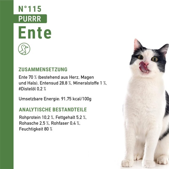 catz finefood Purrrr Duck Monoprotein Wet Cat Food N° 115, for Nutrition-Sensitive Cats, 70% Meat Content, 16 x 85 g Bags catz finefood Purrrr Duck Monoprotein Wet Cat Food N° 115, for Nutrition-Sensitive Cats, 70% Meat Content, 16 x 85 g Bags