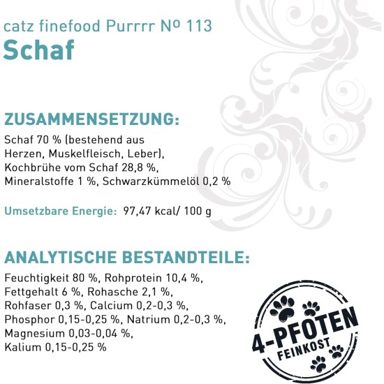 catz finefood Purrrr Sheep Monoprotein Wet Cat Food N° 113, for Nutrition-Sensitive Cats, 70% Meat Content, 16 x 85 g Bags catz finefood Purrrr Sheep Monoprotein Wet Cat Food N° 113, for Nutrition-Sensitive Cats, 70% Meat Content, 16 x 85 g Bags