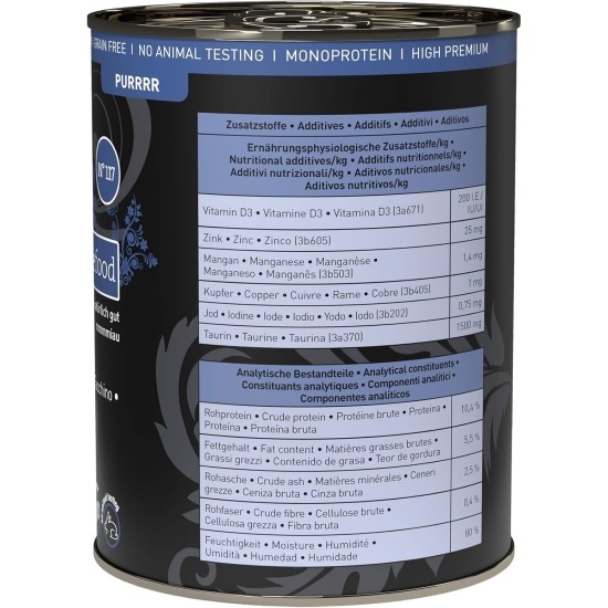 catz finefood Purrrr Turkey Monoprotein Wet Cat Food N° 117, for Nutrition-Sensitive Cats, 70% Meat Content, 6 x 400 g Tin catz finefood Purrrr Turkey Monoprotein Wet Cat Food N° 117, for Nutrition-Sensitive Cats, 70% Meat Content, 6 x 400 g Tin