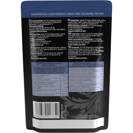 catz finefood Purrrr Turkey Monoprotein Wet Cat Food N° 117, for Nutrition-Sensitive Cats, 70% Meat Content, 6 x 400 g Tin catz finefood Purrrr Turkey Monoprotein Wet Cat Food N° 117, for Nutrition-Sensitive Cats, 70% Meat Content, 6 x 400 g Tin