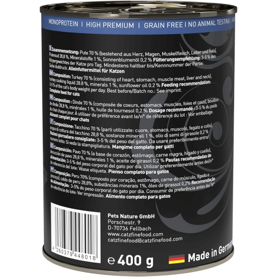 catz finefood Purrrr Turkey Monoprotein Wet Cat Food N° 117, for Nutrition-Sensitive Cats, 70% Meat Content, 6 x 400 g Tin catz finefood Purrrr Turkey Monoprotein Wet Cat Food N° 117, for Nutrition-Sensitive Cats, 70% Meat Content, 6 x 400 g Tin