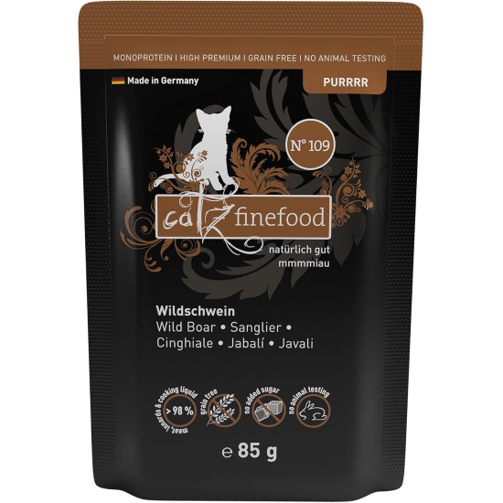 catz finefood Purrrr Wildchwein Monoprotein Wet Cat Food N° 109, for Nutrition-Sensitive Cats, 70% Meat Content, 16 x 85 g Bags catz finefood Purrrr Wildchwein Monoprotein Wet Cat Food N° 109, for Nutrition-Sensitive Cats, 70% Meat Content, 16 x 85 g Bags