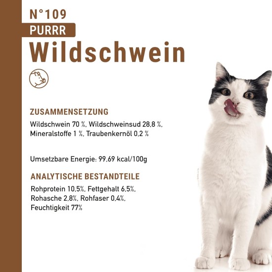 catz finefood Purrrr Wildchwein Monoprotein Wet Cat Food N° 109, for Nutrition-Sensitive Cats, 70% Meat Content, 16 x 85 g Bags catz finefood Purrrr Wildchwein Monoprotein Wet Cat Food N° 109, for Nutrition-Sensitive Cats, 70% Meat Content, 16 x 85 g Bags