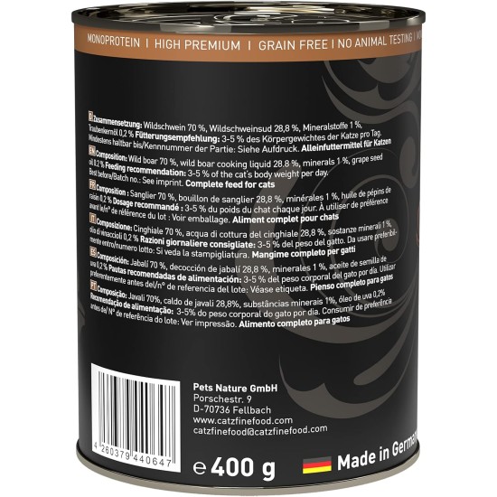 catz finefood Purrrr Wildchwein Monoprotein Wet Cat Food N° 109, for Nutrition-Sensitive Cats, 70% Meat Content, 16 x 85 g Bags catz finefood Purrrr Wildchwein Monoprotein Wet Cat Food N° 109, for Nutrition-Sensitive Cats, 70% Meat Content, 16 x 85 g Bags