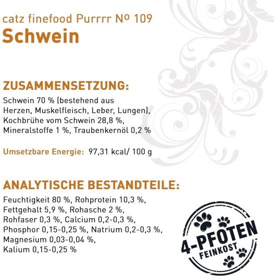 catz finefood Purrrr Wildchwein Monoprotein Wet Cat Food N° 109, for Nutrition-Sensitive Cats, 70% Meat Content, 16 x 85 g Bags catz finefood Purrrr Wildchwein Monoprotein Wet Cat Food N° 109, for Nutrition-Sensitive Cats, 70% Meat Content, 16 x 85 g Bags