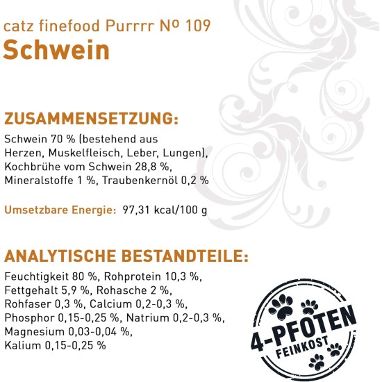 catz finefood Purrrr Wildchwein Monoprotein Wet Cat Food N° 109, for Nutrition-Sensitive Cats, 70% Meat Content, 16 x 85 g Bags catz finefood Purrrr Wildchwein Monoprotein Wet Cat Food N° 109, for Nutrition-Sensitive Cats, 70% Meat Content, 16 x 85 g Bags