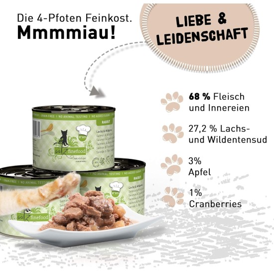 catz finefood Ragout N° 605 Salmon & Duck Wet Cat Food - Delicatessen Wet Food for Cats in Sauce without Grain and Sugar with High Meat Content, 6 x 190 g Tin catz finefood Ragout N° 605 Salmon & Duck Wet Cat Food - Delicatessen Wet Food for Cats in Sauce without Grain and Sugar with High Meat Content, 6 x 190 g Tin
